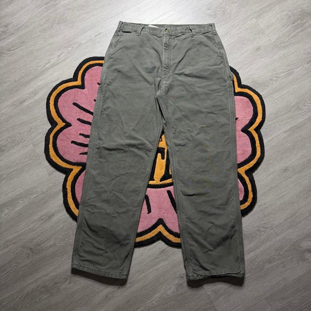 Vintage Y2K Carhartt Relaxed Fit Flannel Lined Carpenter Work Pants 38x34 Green